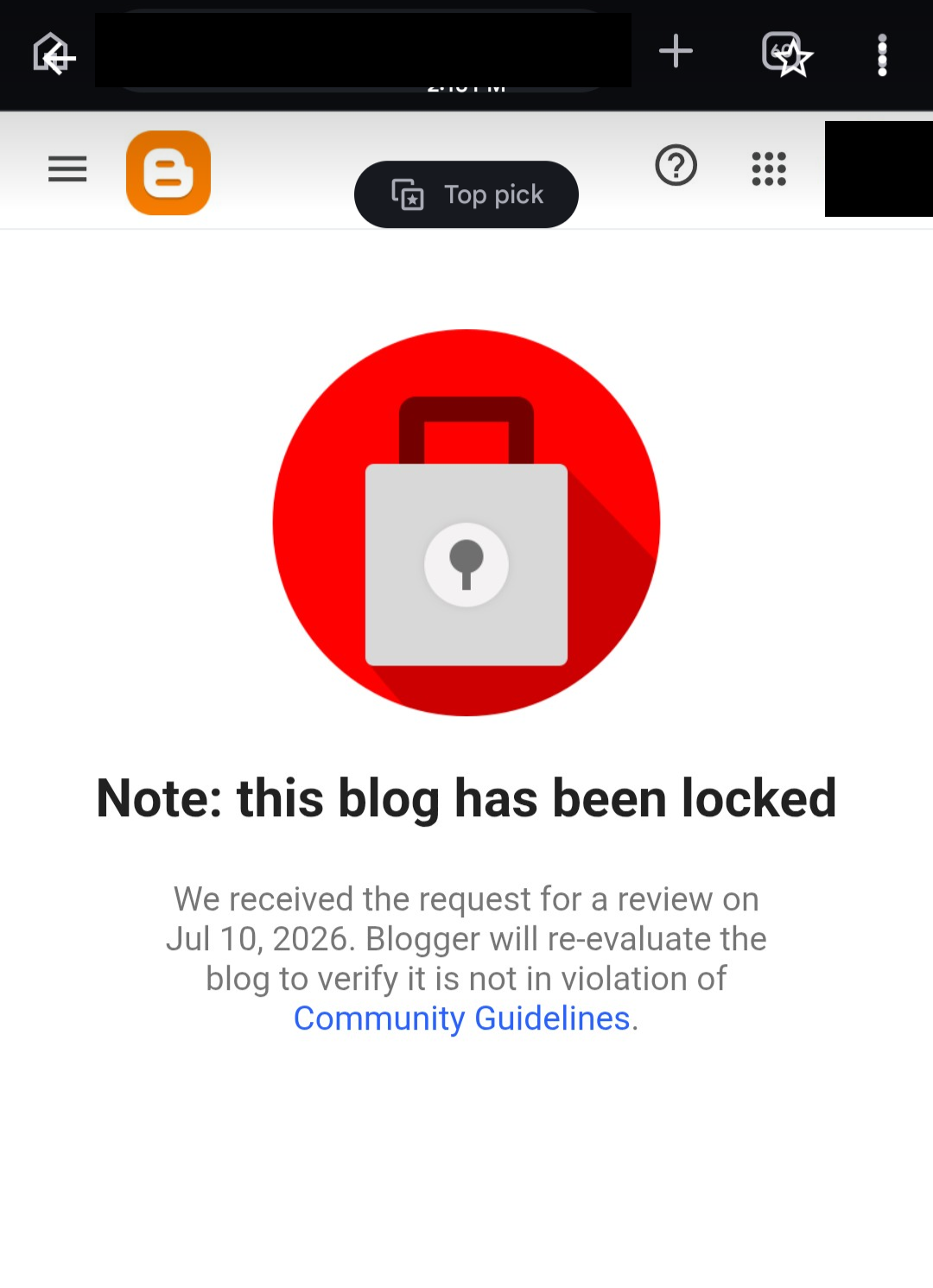 Blogger’s lock notice on the old blog