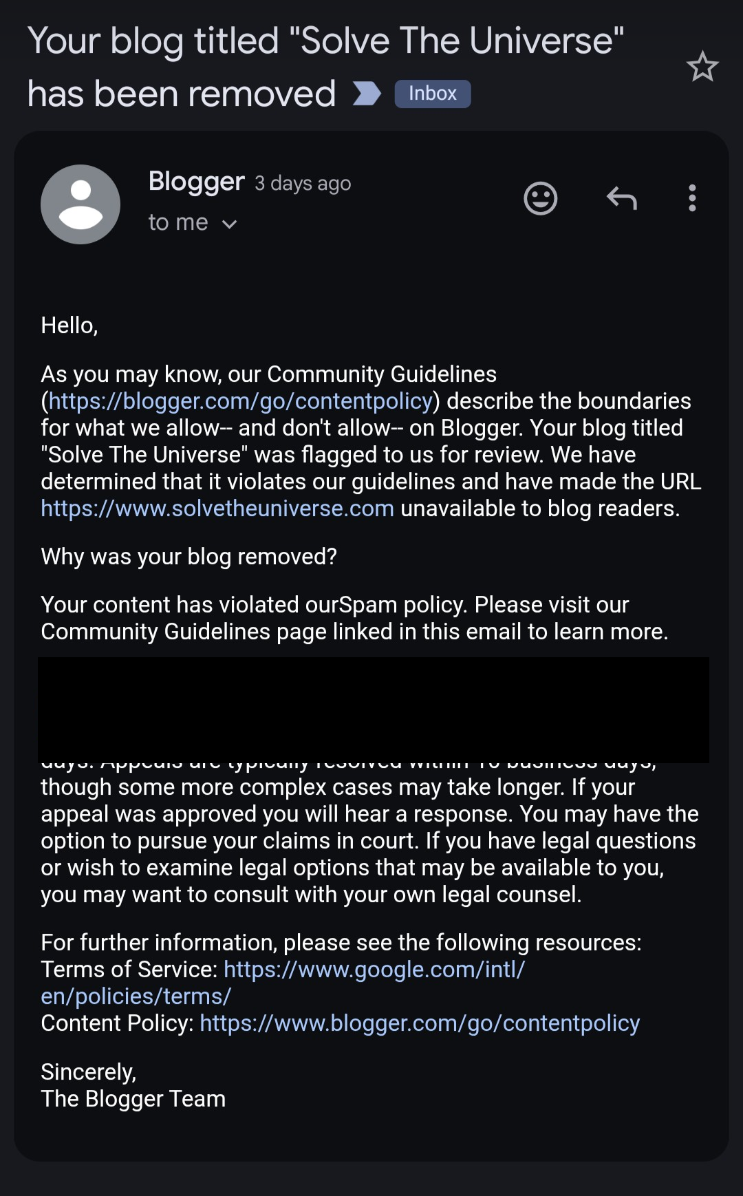 Blogger’s removal notification email, citing the Spam policy
