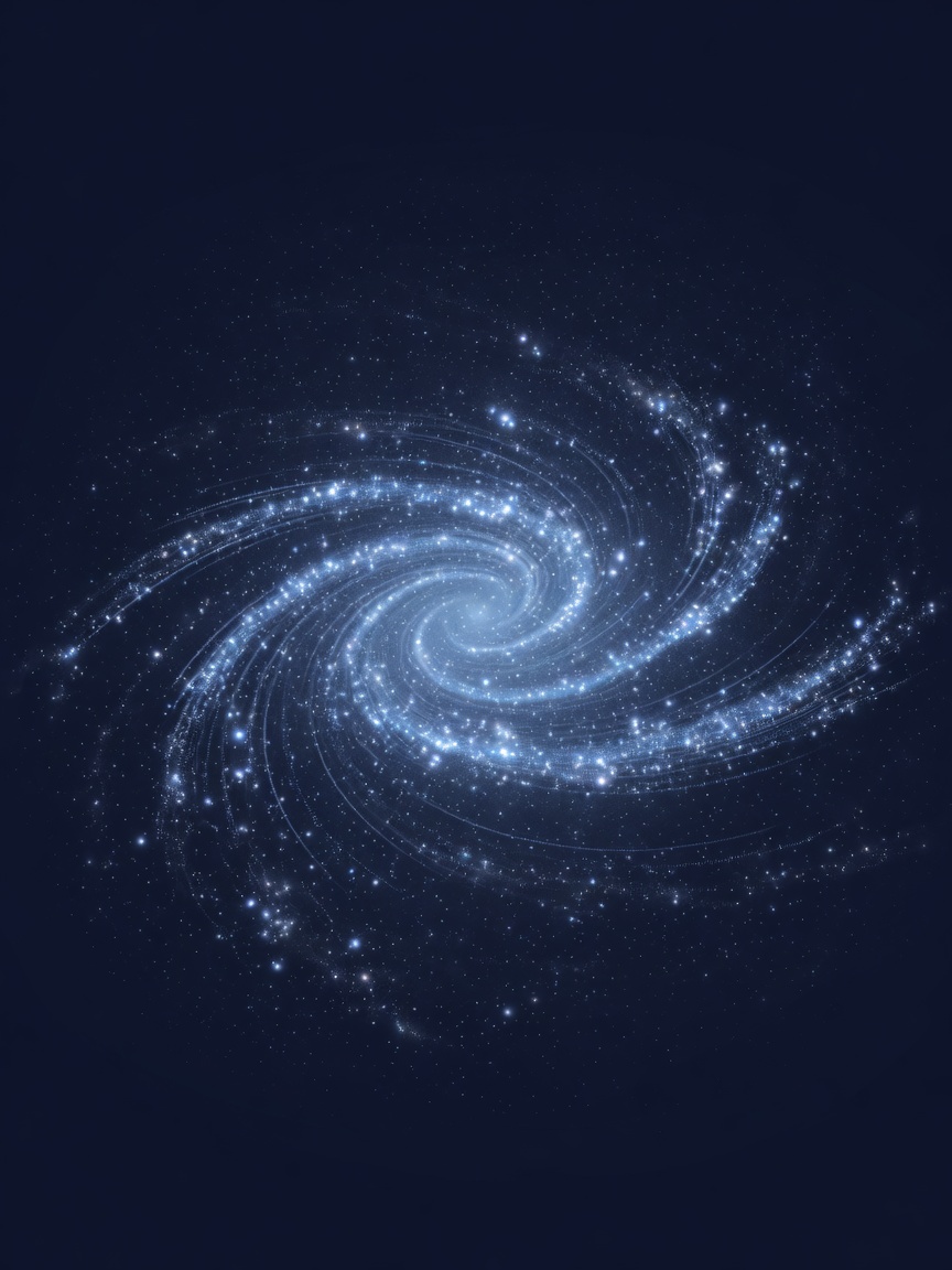 A spiral galaxy of glowing particle streams, surrounded by a faint, pervasive mist of tiny glowing particles filling the space around and between the stars