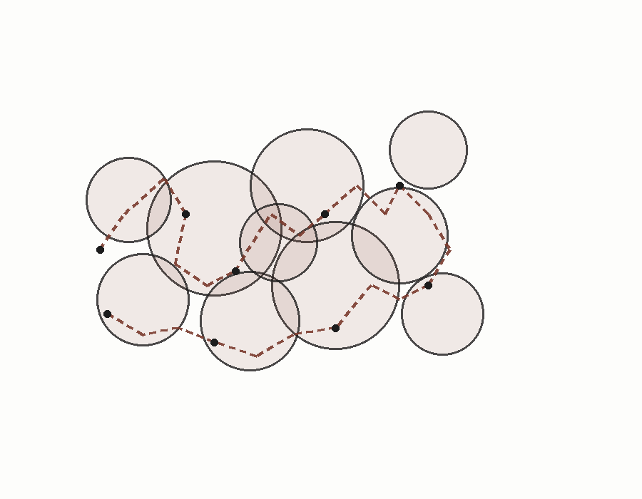 Rough, hand-built sketch of joined equilibrium bubbles with an electron path threading through the gaps