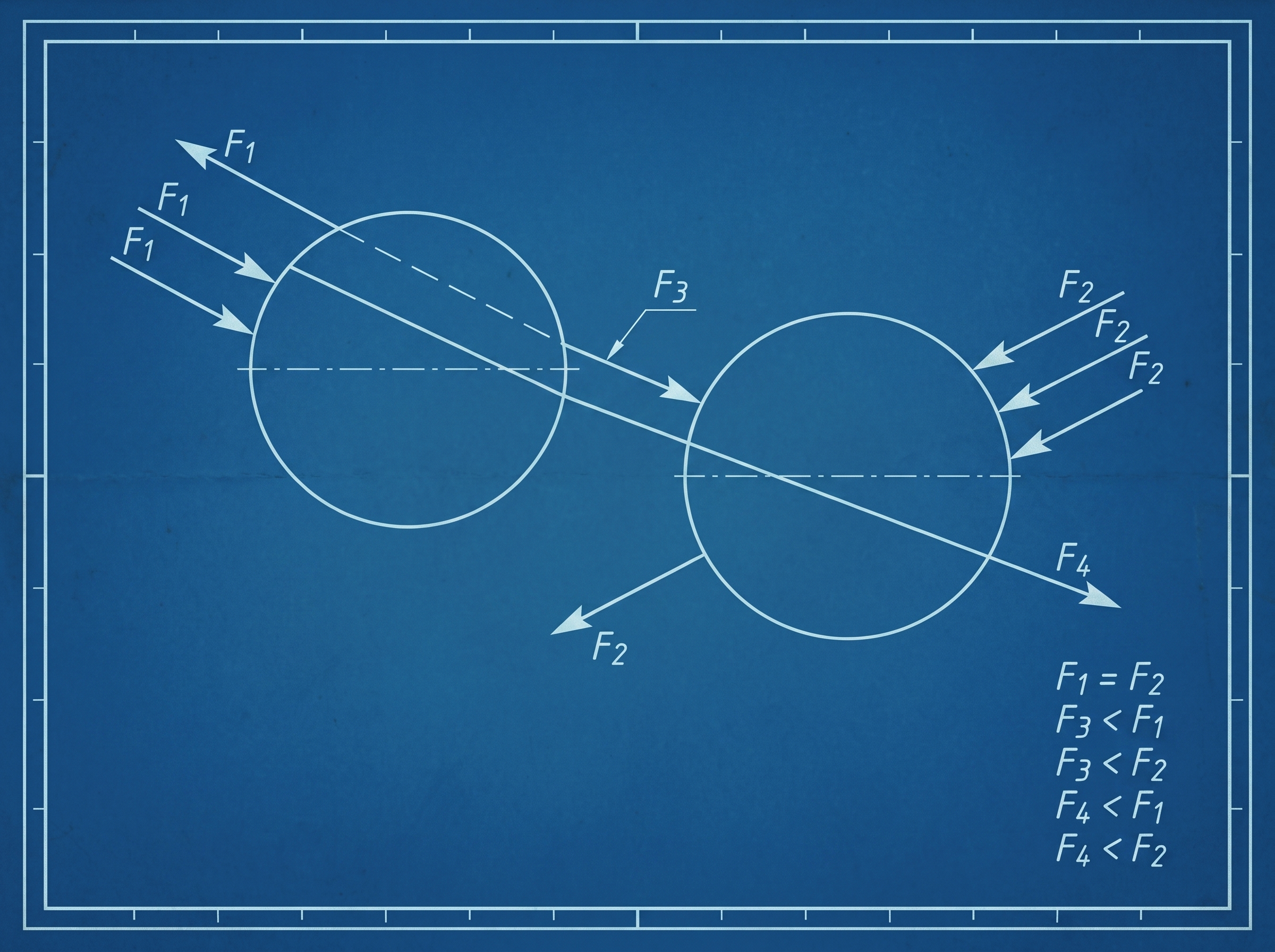 A hand-drawn engineering blueprint of two spheres exchanging particle flux: three F1 arrows entering the left sphere with one F1 arrow exiting past the right sphere, a mirrored set of F2 arrows on the right, a labeled F3 arrow along the line connecting the two spheres, a labeled F4 arrow on the second crossing line, and five inequalities in the corner — F1=F2, F3<F1, F3<F2, F4<F1, F4<F2