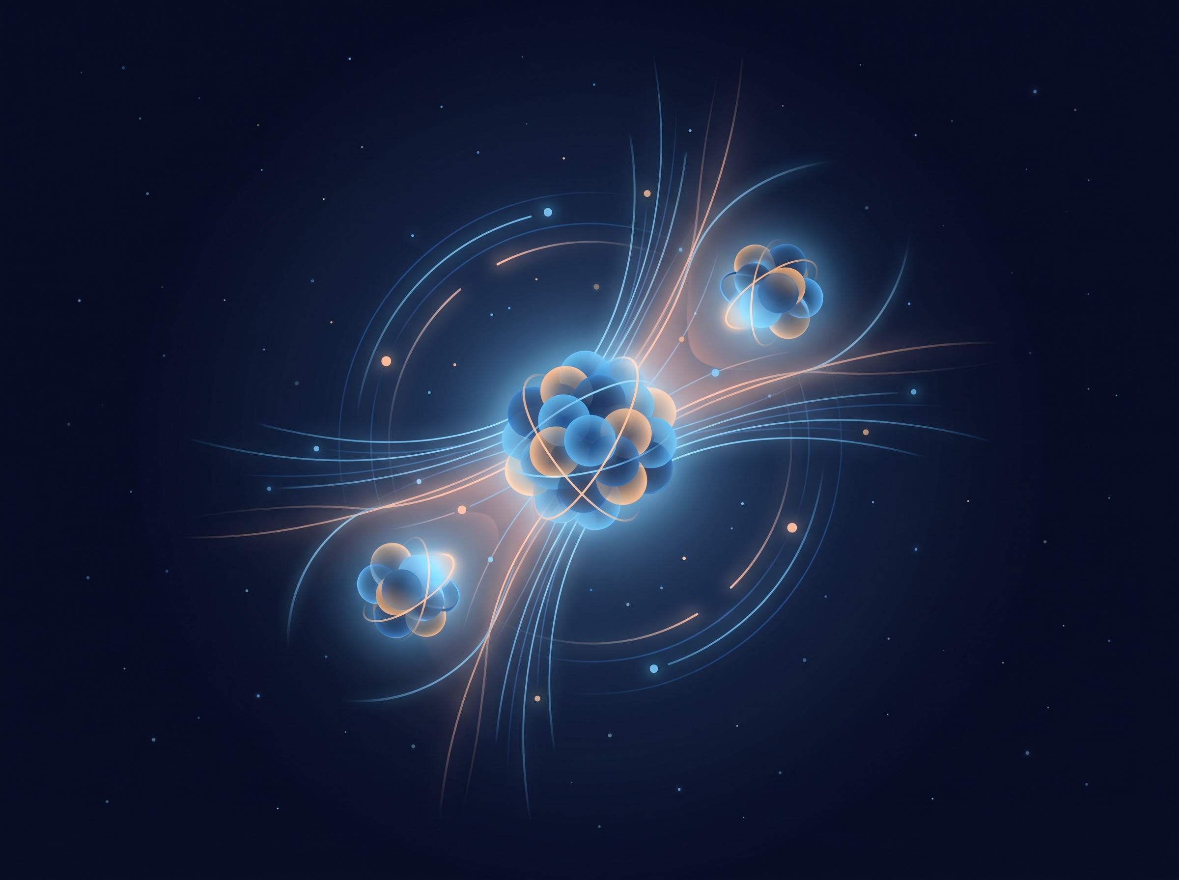 A small glowing atomic nucleus releasing a burst of radiant energy as it splits into two smaller glowing fragments.