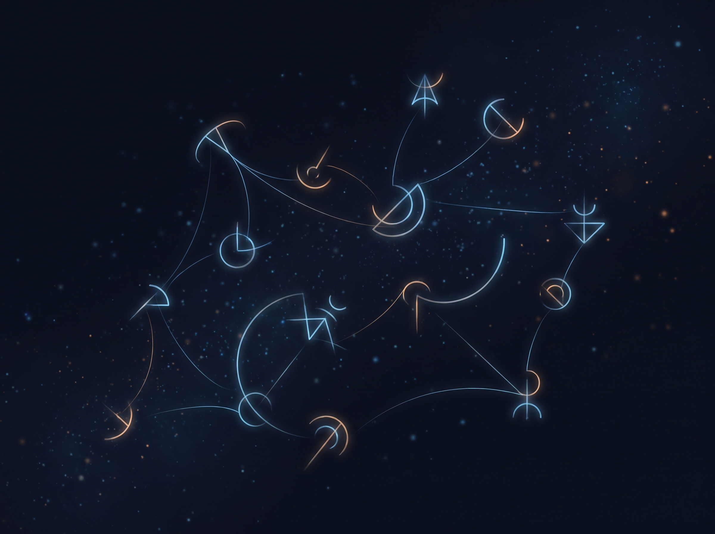 A loose constellation of faint glowing abstract symbol-like glyphs floating in space like stars, connected by thin threads. The glyphs must be invented abstract marks, not real letters, numbers, or mathematical notation.