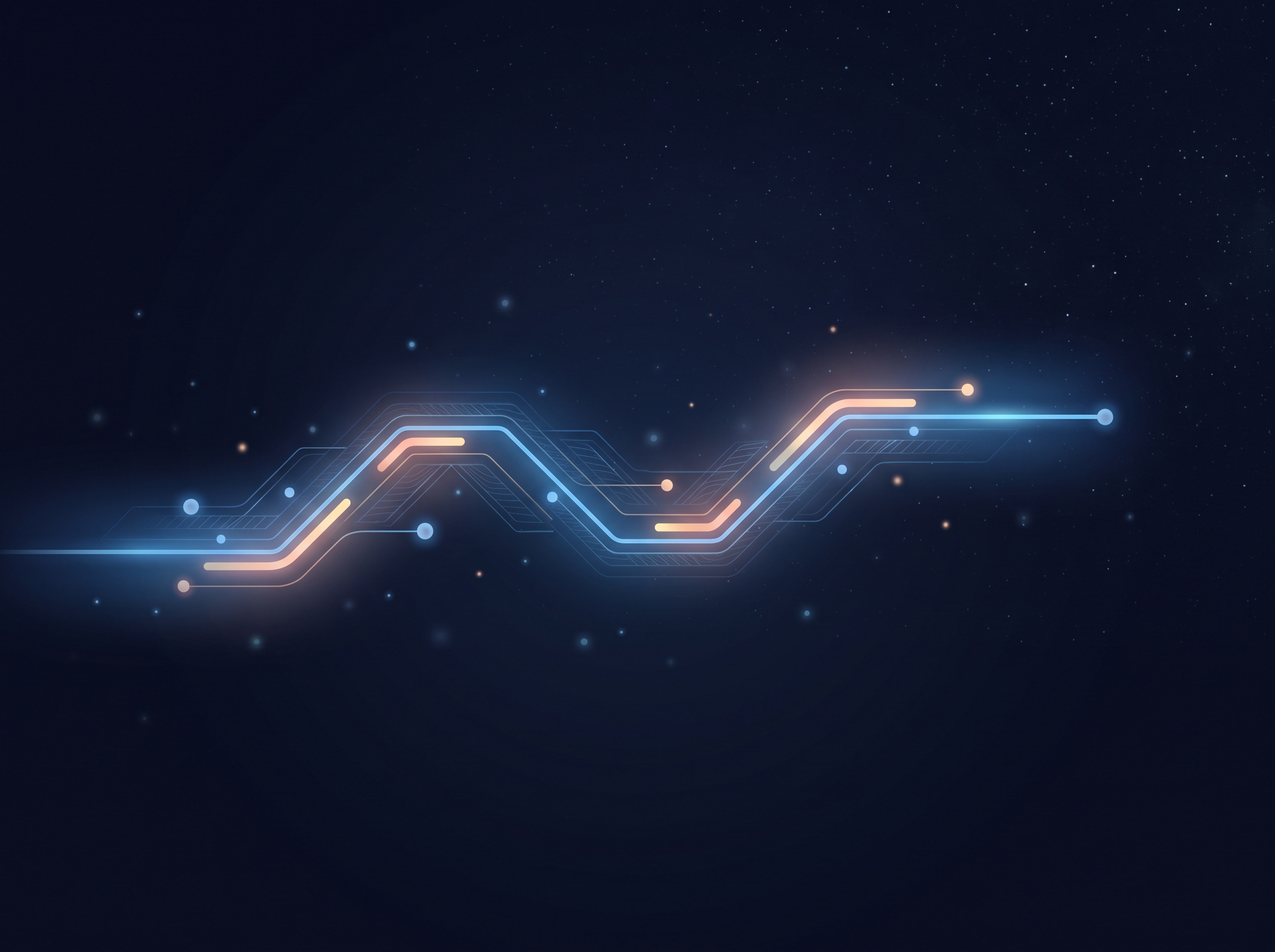 A single glowing current path flowing steadily through a faint circuit-like line, pulsing softly along its length.