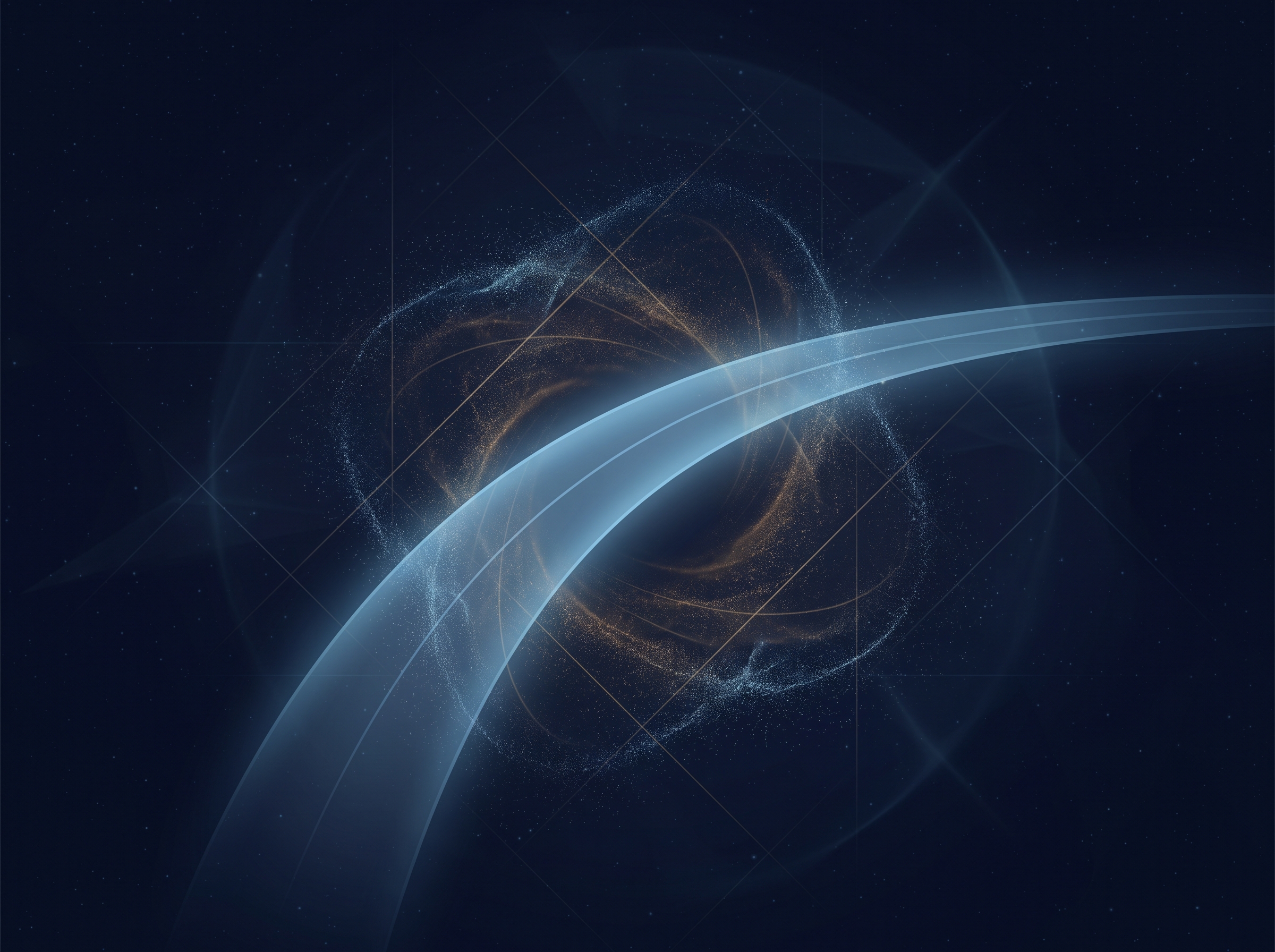 A beam of light bending gently through a glowing medium of fine particles, refracting rather than traveling through empty space.