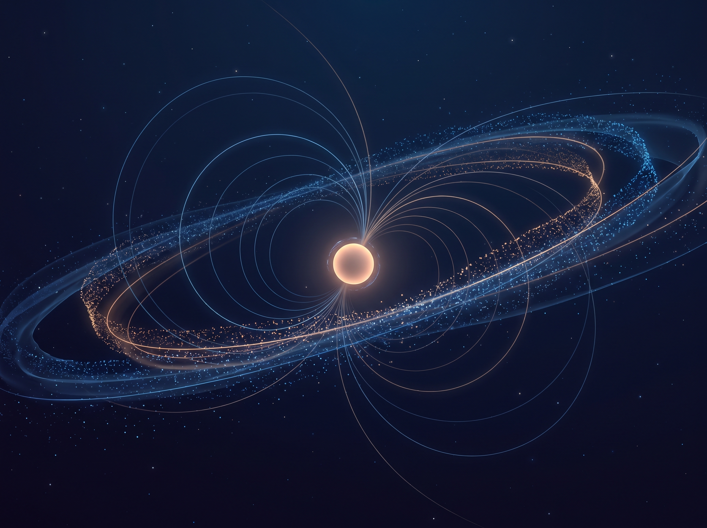 Directional streams of tiny glowing particles flowing in curved arcs around a small central glowing object, like magnetic field lines made visible.