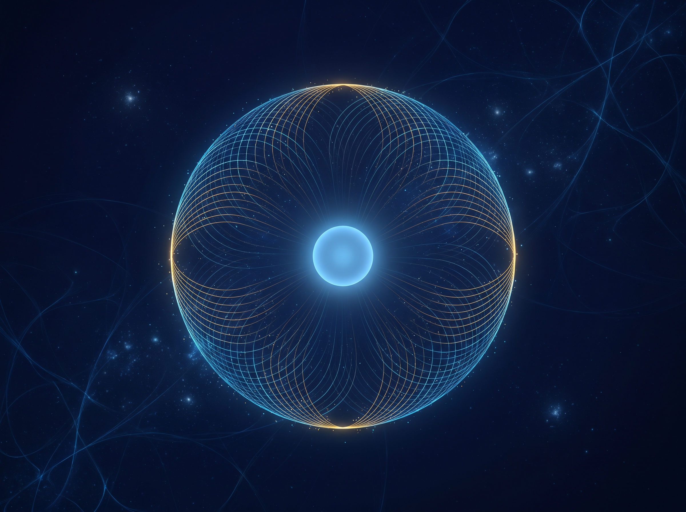 A glowing point emitting a soft burst of radiant particles and light outward in an expanding wavefront.