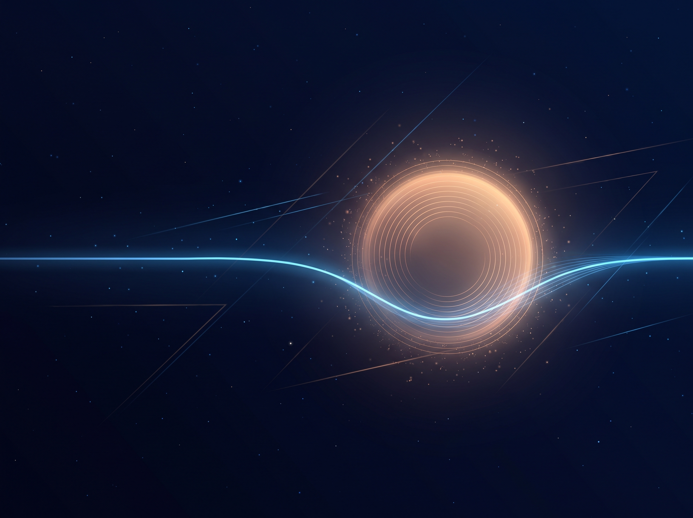 A single glowing thread flowing steadily forward through the frame, subtly bending near a glowing mass to suggest dilation.