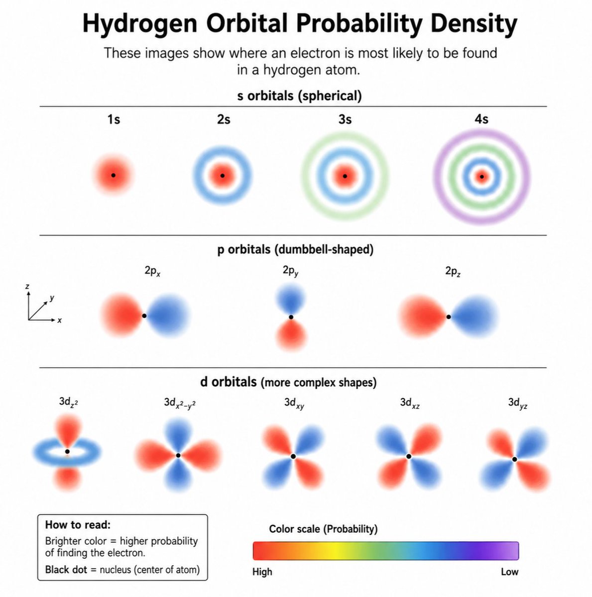 Hydrogen orbital probability density diagram showing s, p, and d orbital shapes with a red-to-purple color scale for electron probability