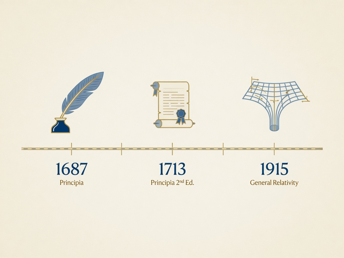 A timeline: 1687, the Principia and the word “attraction”; 1713, the General Scholium and hypotheses non fingo; 1915, Einstein’s General Relativity and spacetime curvature.