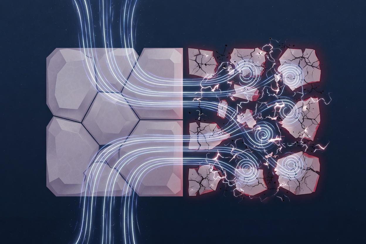 Split illustration: glowing energy lines flowing smoothly through large defect-free crystal grains on one side, and tangled, pinned, sparking through jagged cracked grain boundaries on the other
